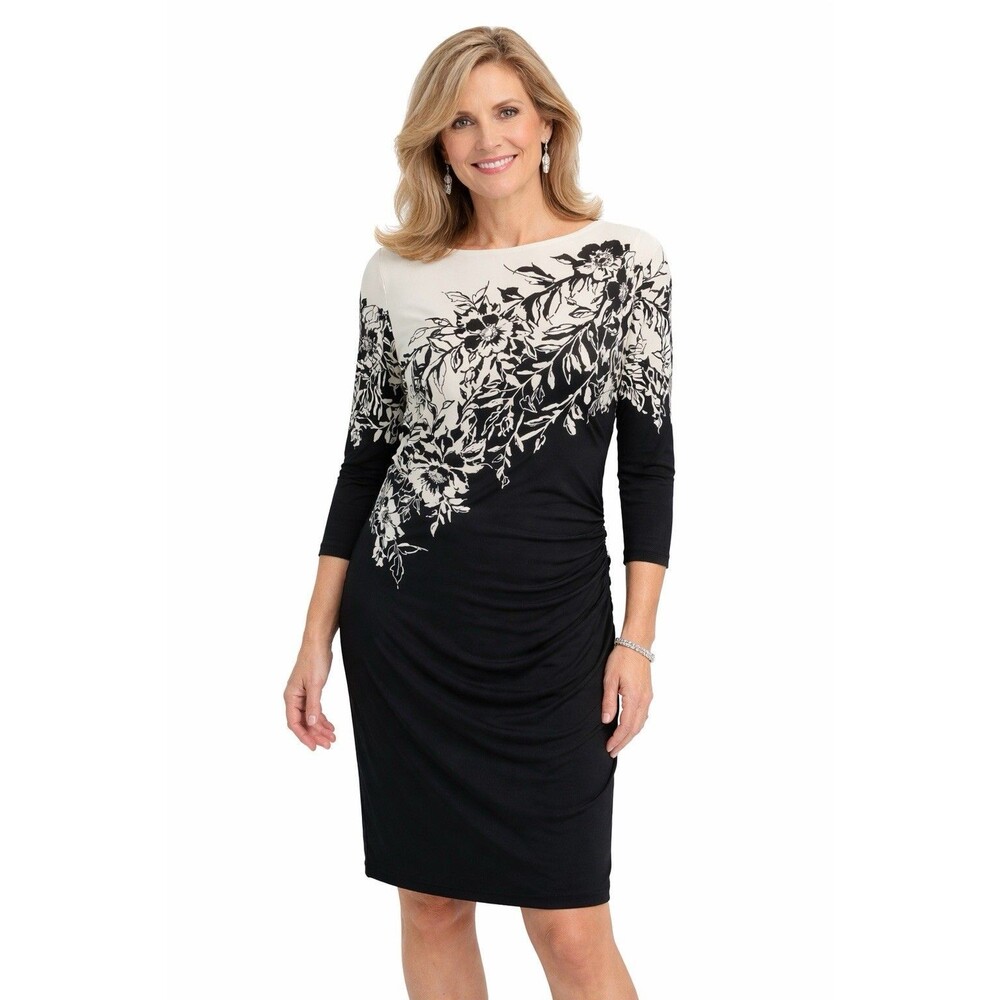 Lauren Ralph Lauren Black White Floral Ruched Sheath Dress Size 6 Midi Spring